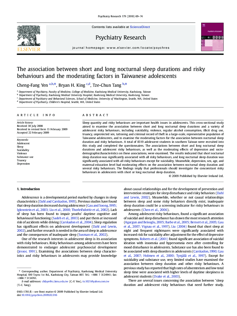 The association between short and long nocturnal sleep durations and risky behaviours and the moderating factors in Taiwanese adolescents