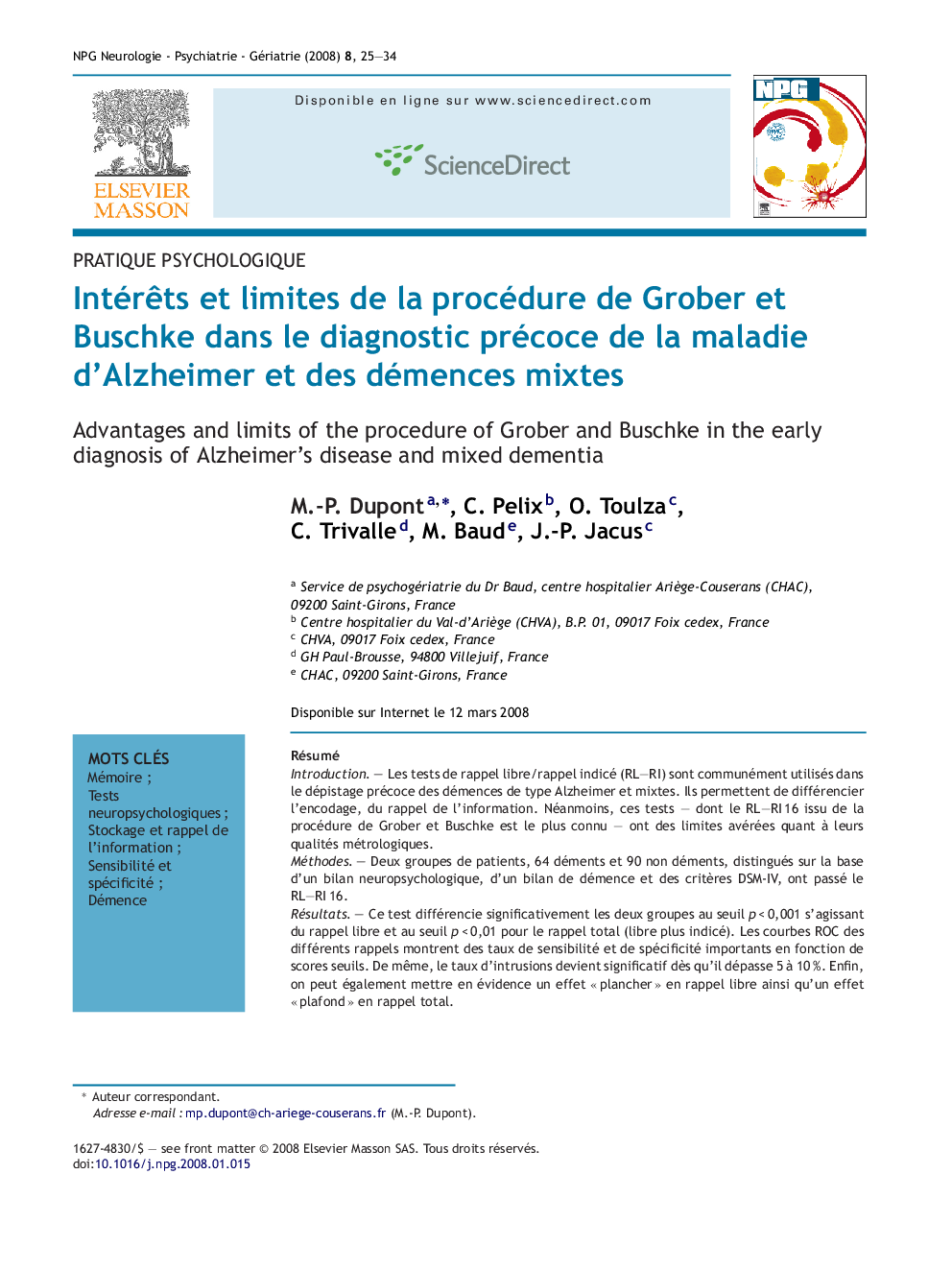 IntérÃªts et limites de la procédure de Grober et Buschke dans le diagnostic précoce de la maladie d'Alzheimer et des démences mixtes