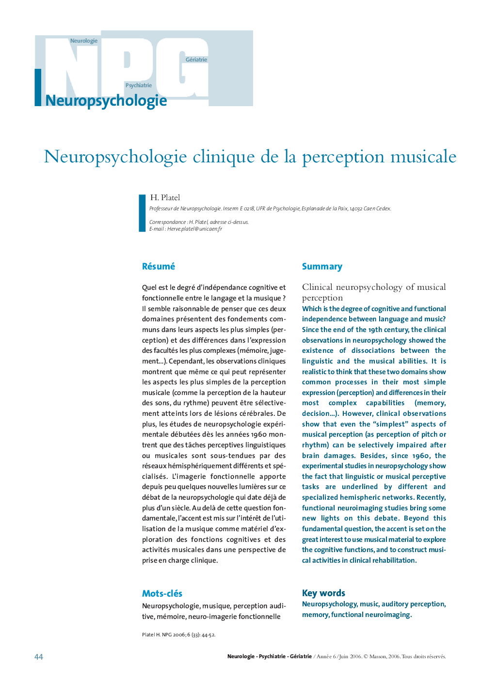 Neuropsychologie clinique de la perception musicale