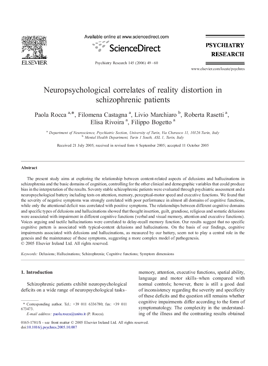 Neuropsychological correlates of reality distortion in schizophrenic patients