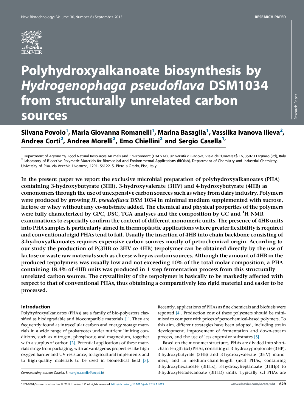 Polyhydroxyalkanoate biosynthesis by Hydrogenophaga pseudoflava DSM1034 from structurally unrelated carbon sources