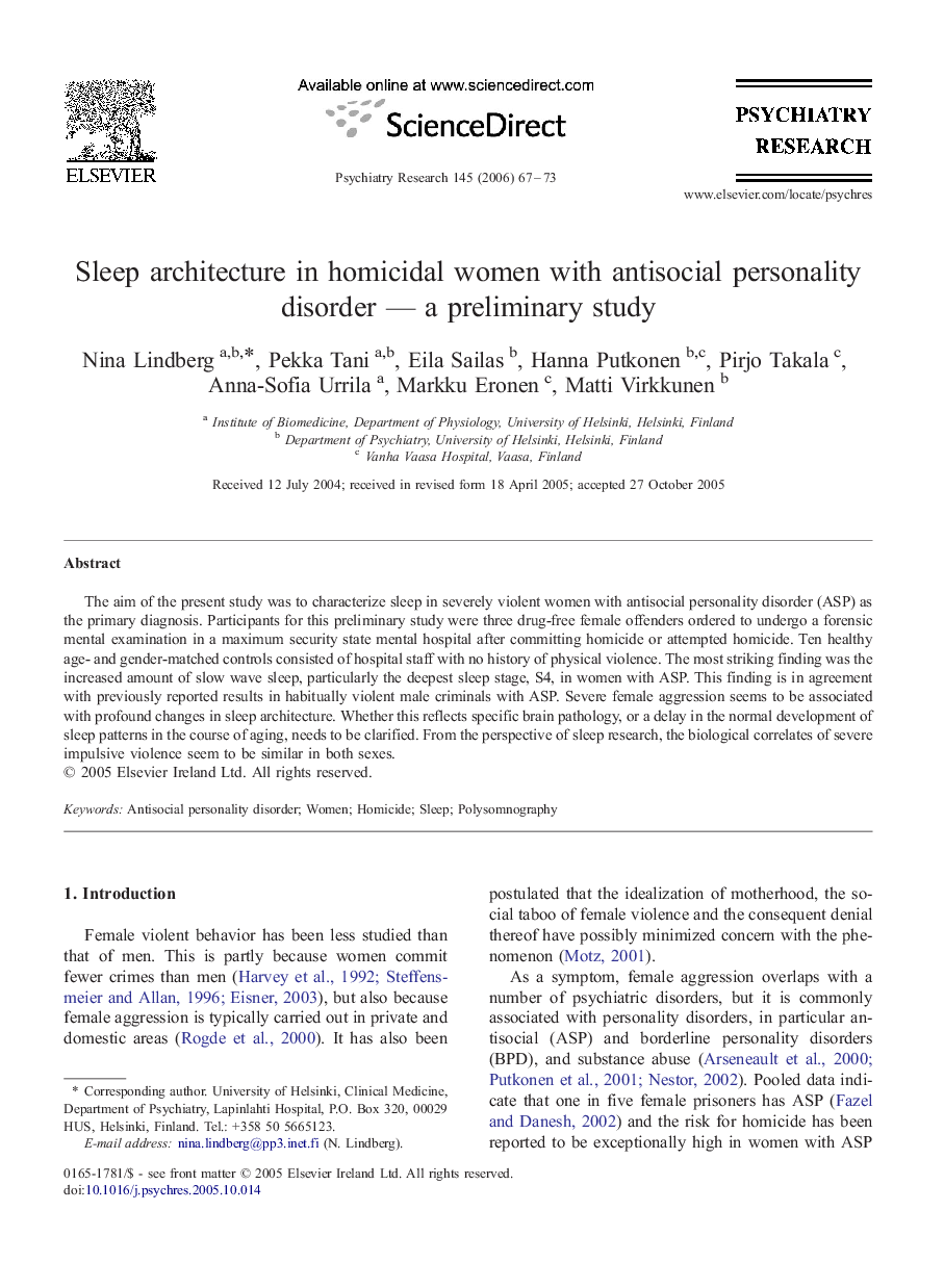 Sleep architecture in homicidal women with antisocial personality disorder—a preliminary study