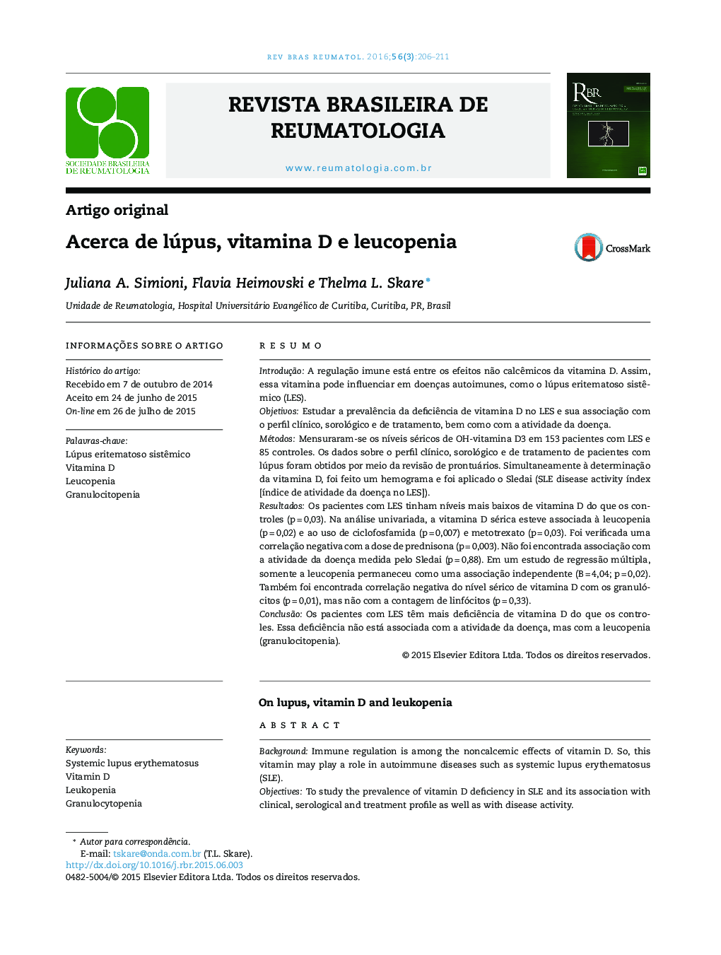 Acerca de lúpus, vitamina D e leucopenia