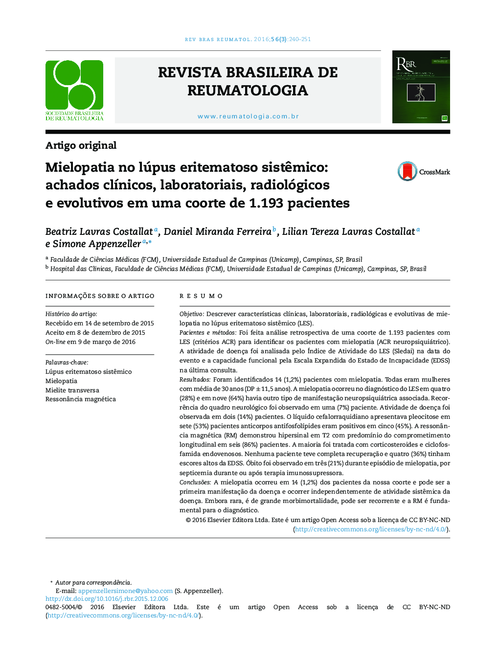 Mielopatia no lúpus eritematoso sistêmico: achados clínicos, laboratoriais, radiológicos e evolutivos em uma coorte de 1.193 pacientes