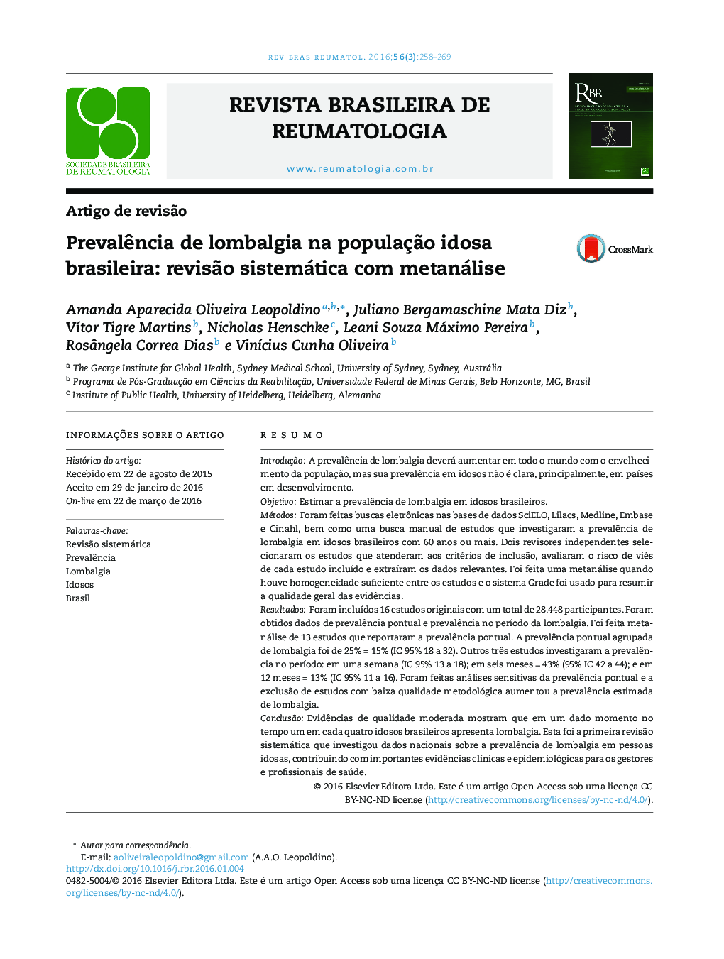 Prevalência de lombalgia na população idosa brasileira: revisão sistemática com metanálise