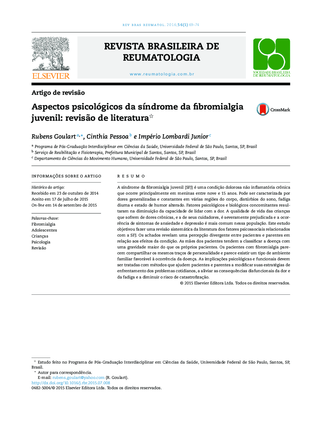 Aspectos psicológicos da síndrome da fibromialgia juvenil: revisão de literatura 