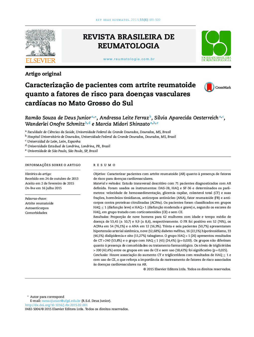 Caracterização de pacientes com artrite reumatoide quanto a fatores de risco para doenças vasculares cardíacas no Mato Grosso do Sul