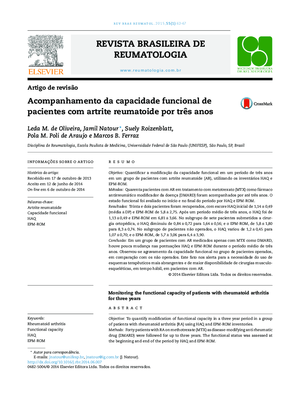 Acompanhamento da capacidade funcional de pacientes com artrite reumatoide por três anos