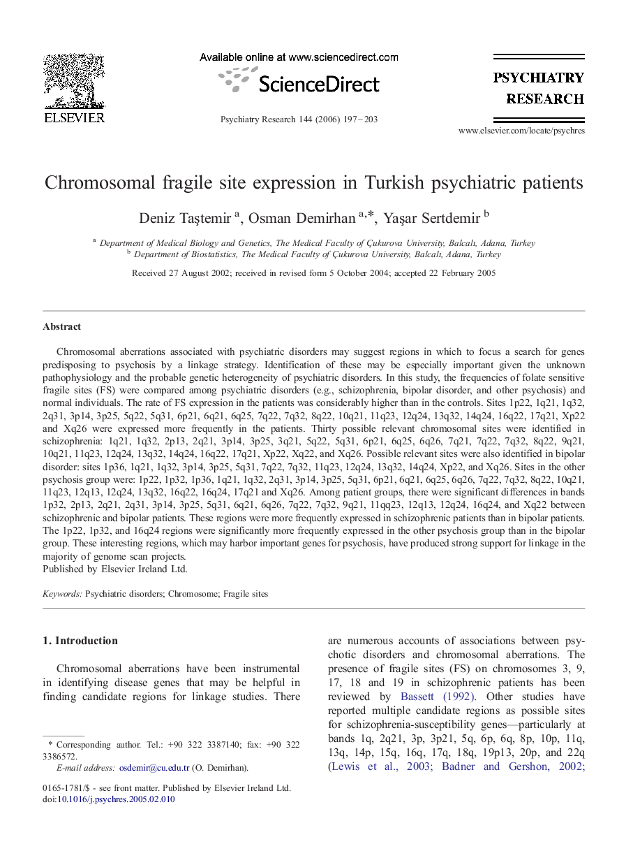 Chromosomal fragile site expression in Turkish psychiatric patients