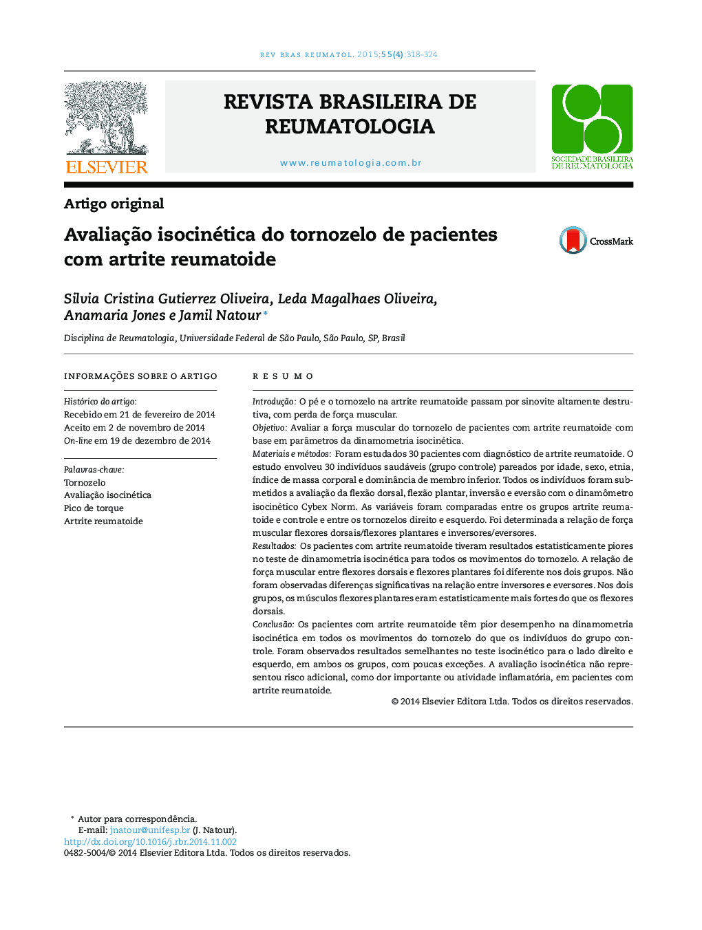 Avaliação isocinética do tornozelo de pacientes com artrite reumatoide