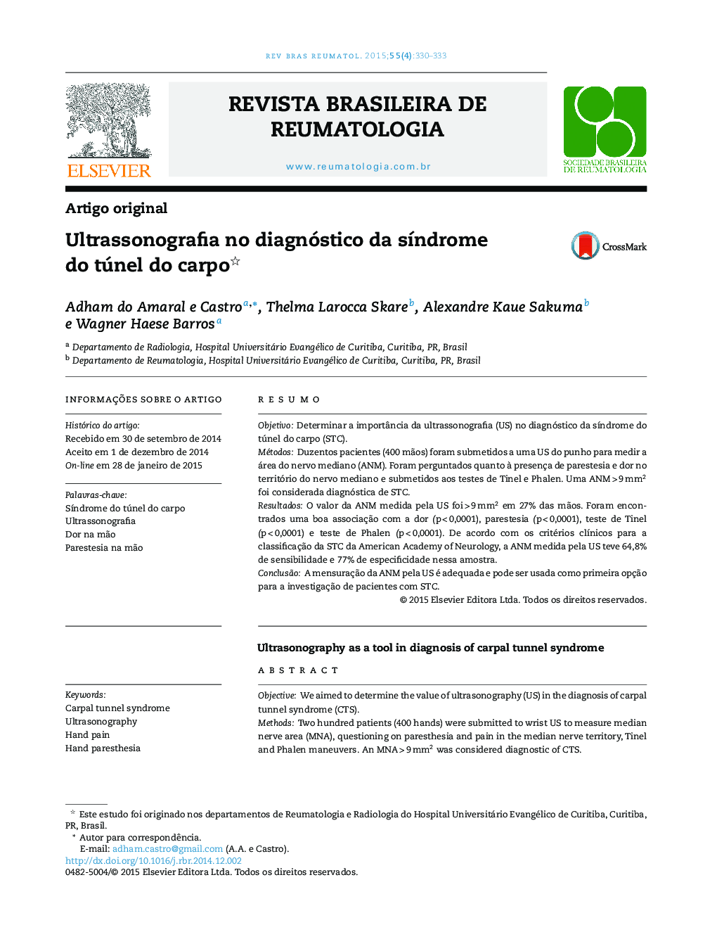 Ultrassonografia no diagnóstico da síndrome do túnel do carpo 