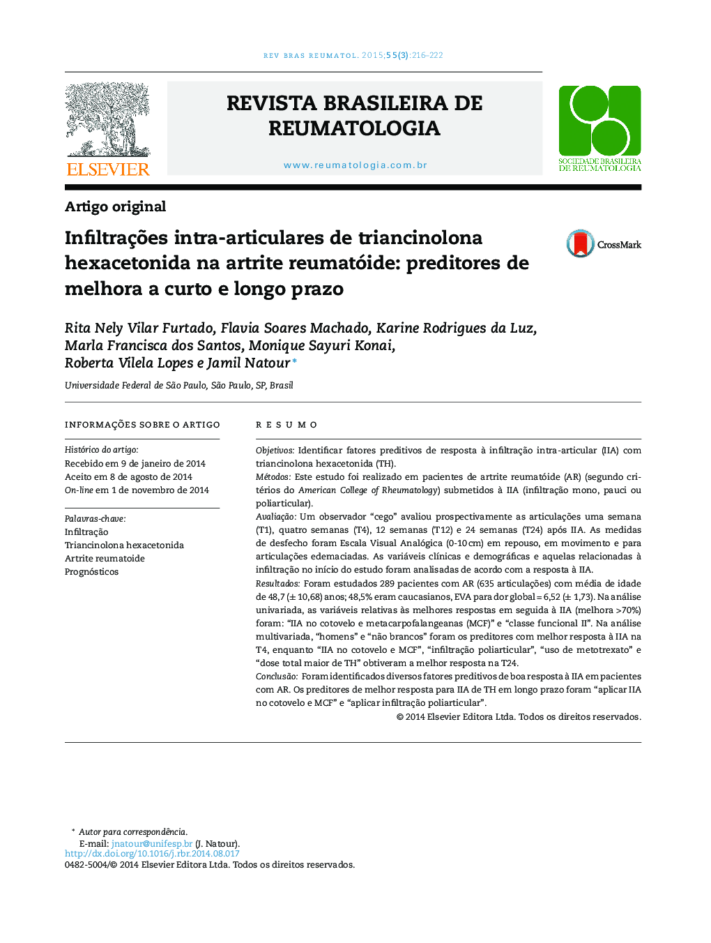 Infiltrações intra‐articulares de triancinolona hexacetonida na artrite reumatóide: preditores de melhora a curto e longo prazo