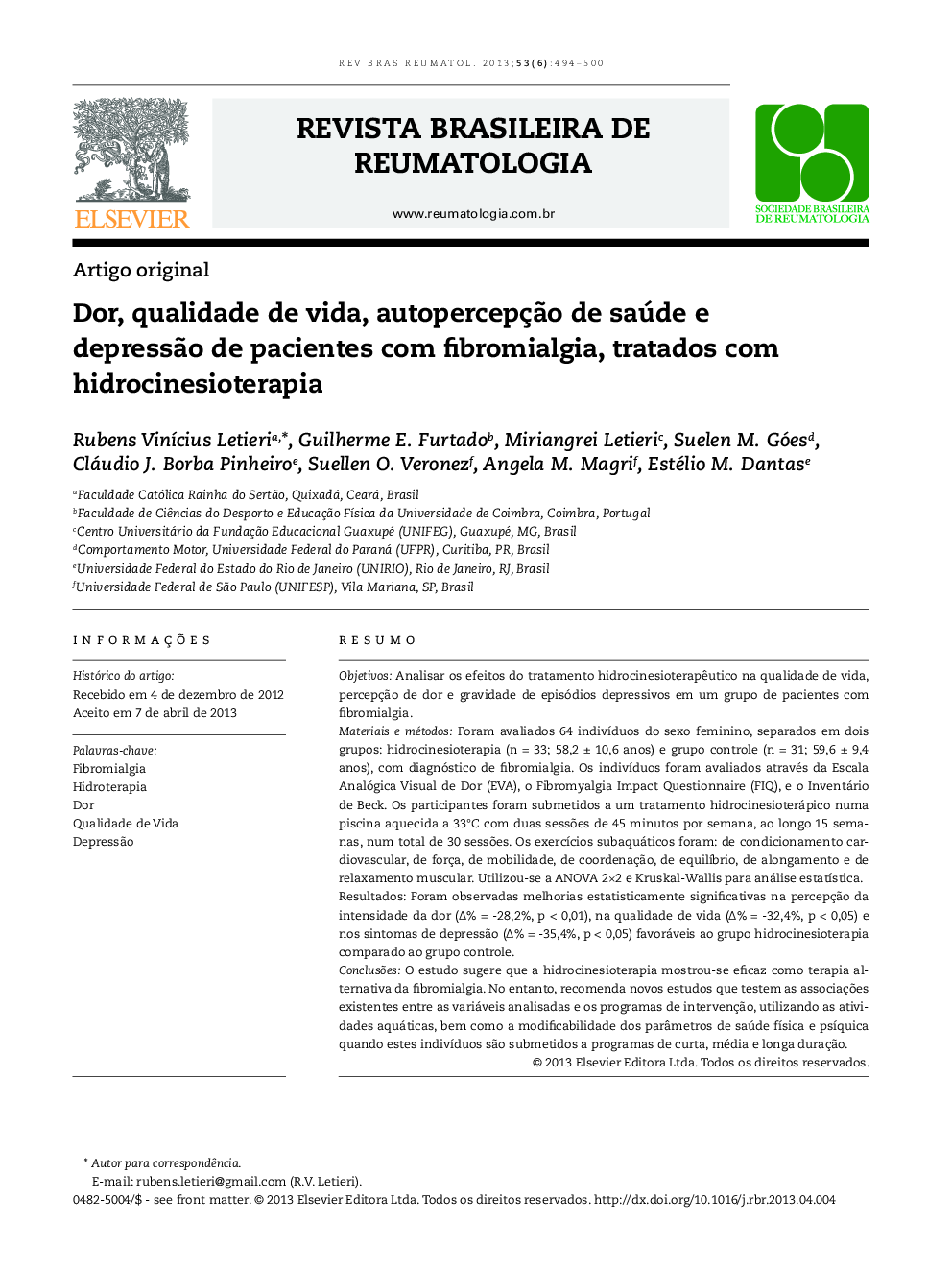 Dor, qualidade de vida, autopercepção de saúde e depressão de pacientes com fibromialgia, tratados com hidrocinesioterapia