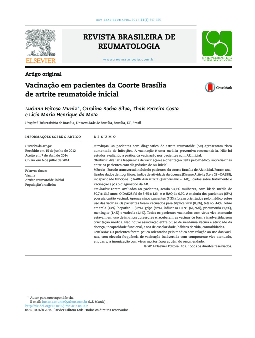 Vacinação em pacientes da Coorte Brasília de artrite reumatoide inicial