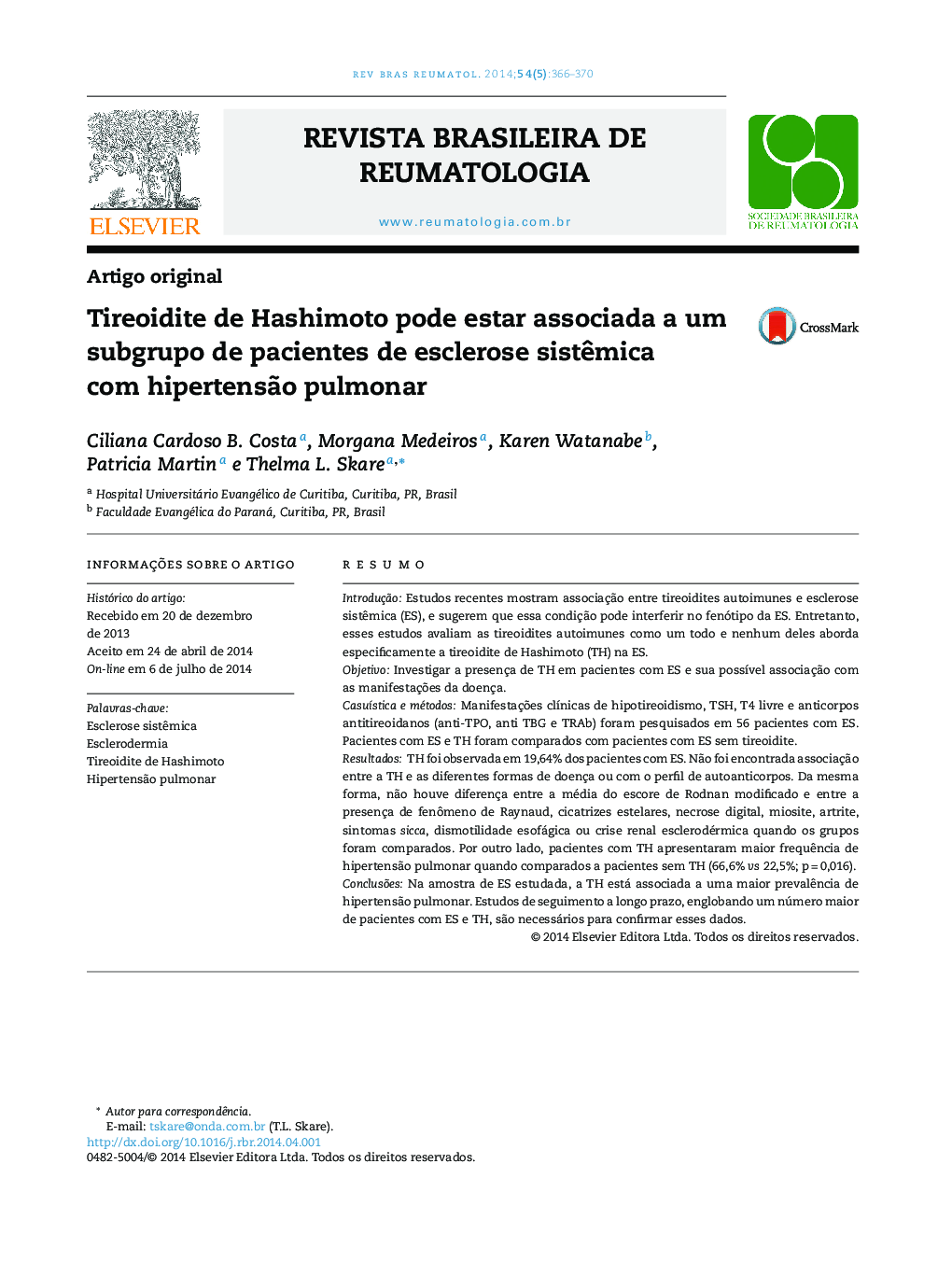 Tireoidite de Hashimoto pode estar associada a um subgrupo de pacientes de esclerose sistêmica com hipertensão pulmonar