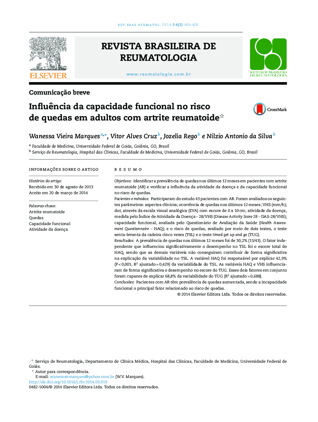 Influência da capacidade funcional no risco de quedas em adultos com artrite reumatoide 