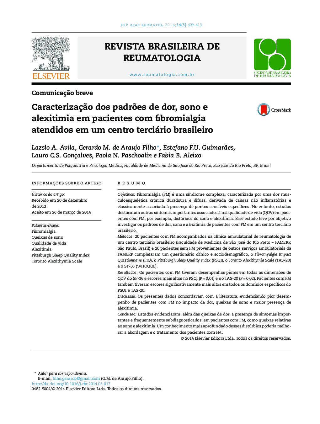 Caracterização dos padrões de dor, sono e alexitimia em pacientes com fibromialgia atendidos em um centro terciário brasileiro