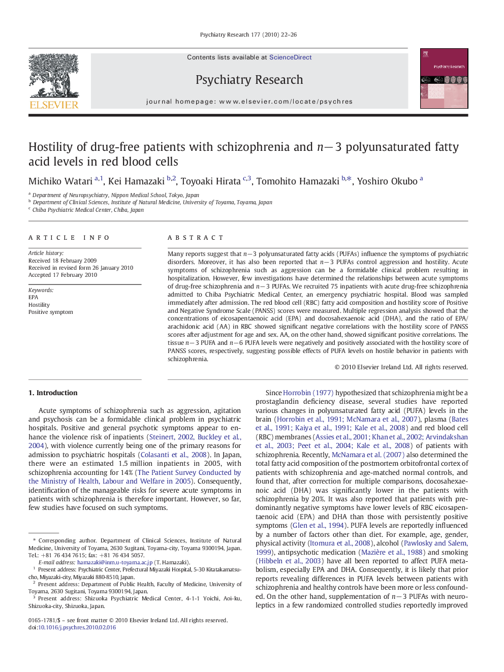 Hostility of drug-free patients with schizophrenia and n− 3 polyunsaturated fatty acid levels in red blood cells