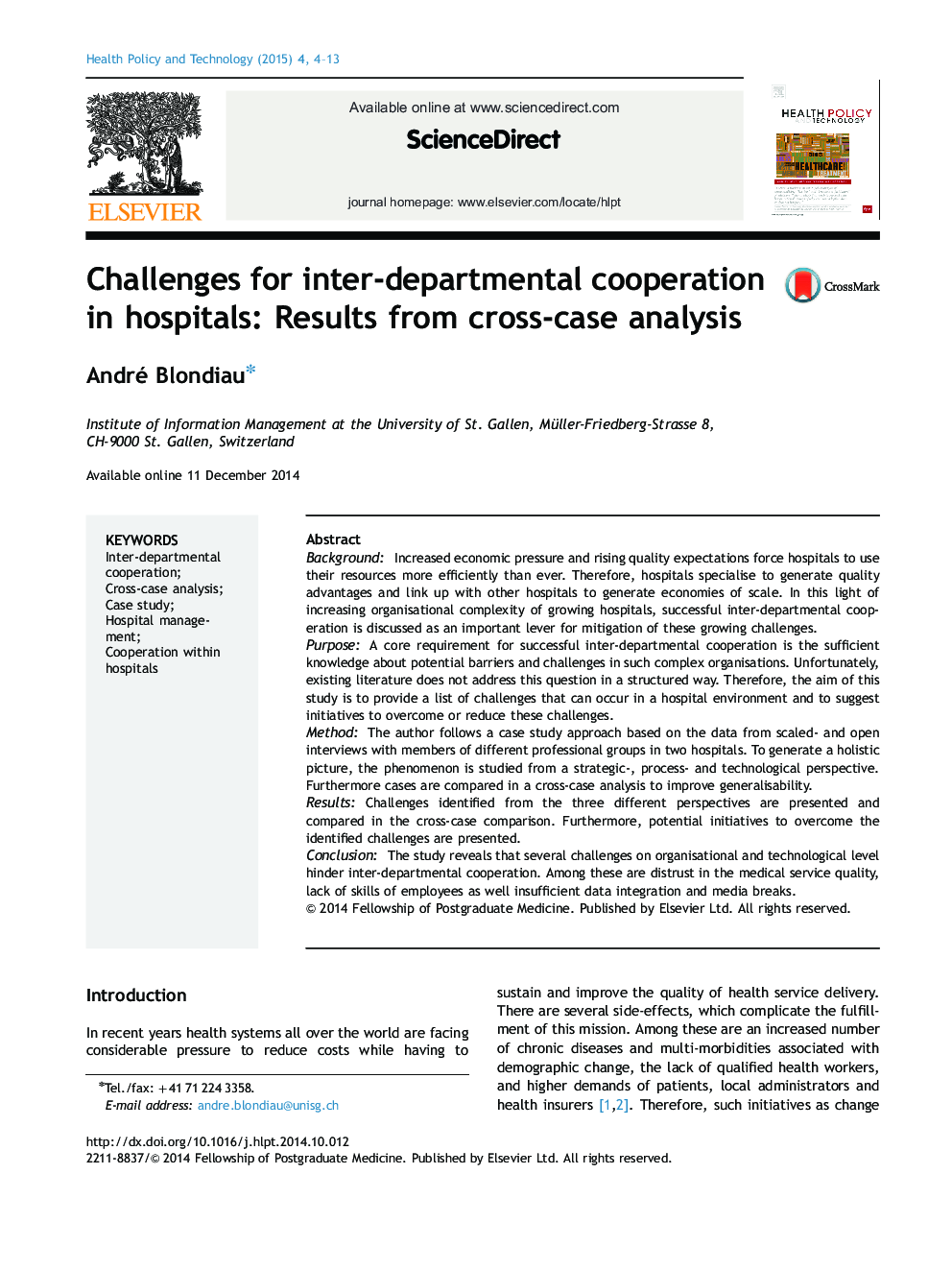 Challenges for inter-departmental cooperation in hospitals: Results from cross-case analysis