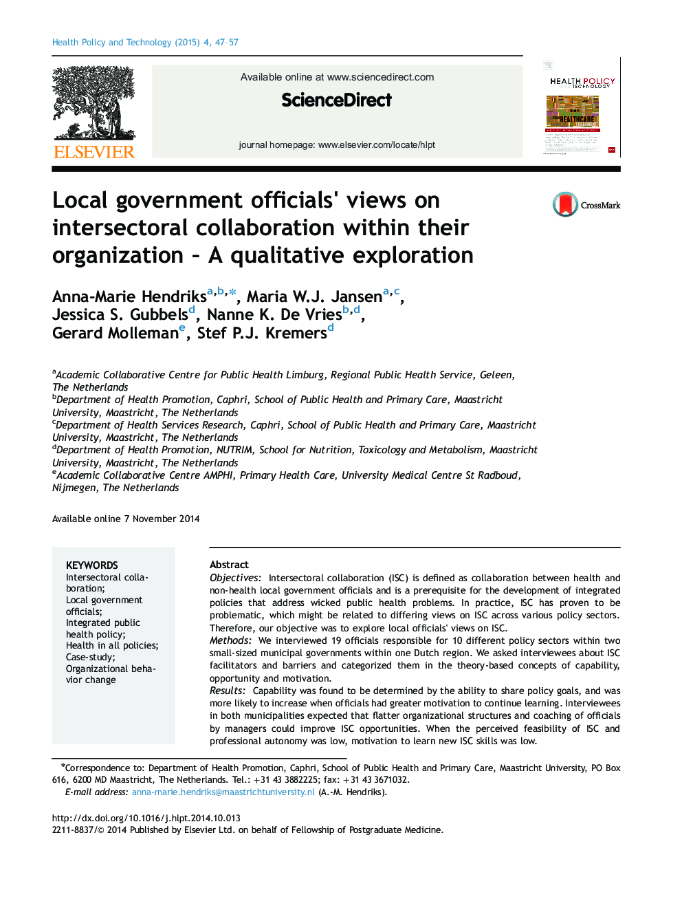 Local government officials׳ views on intersectoral collaboration within their organization – A qualitative exploration