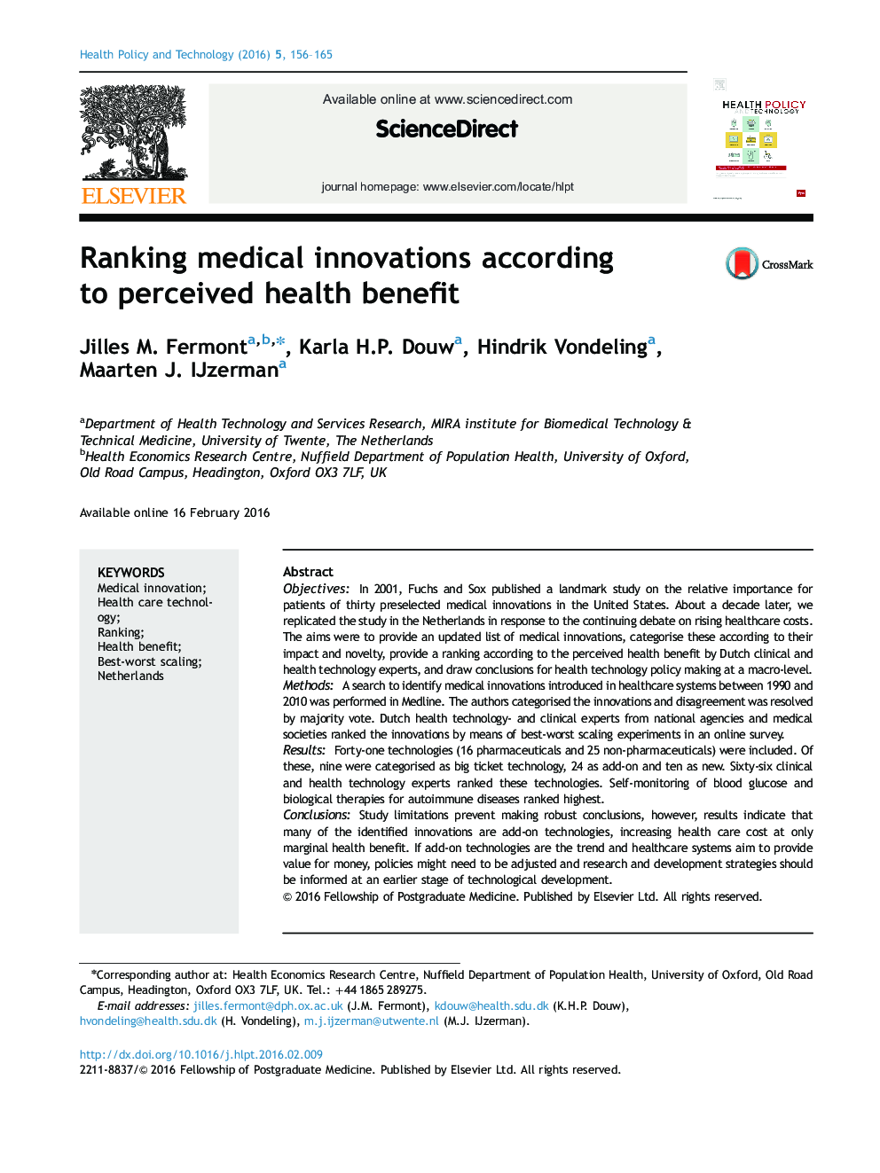 Ranking medical innovations according to perceived health benefit