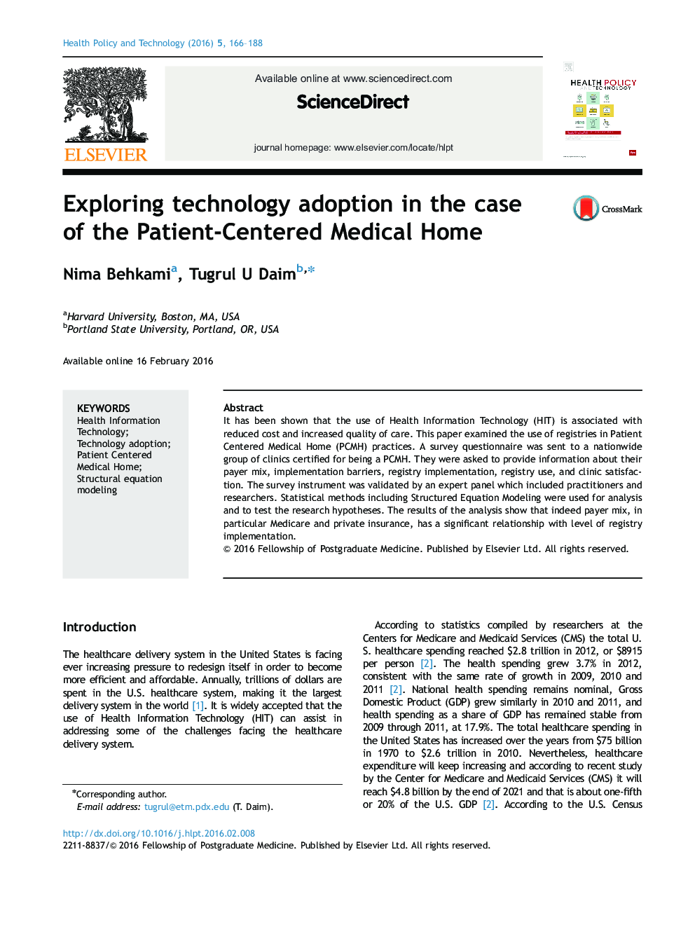 Exploring technology adoption in the case of the Patient-Centered Medical Home