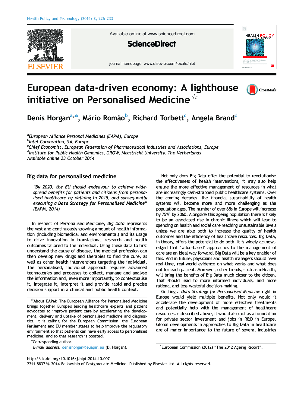 European data-driven economy: A lighthouse initiative on Personalised Medicine