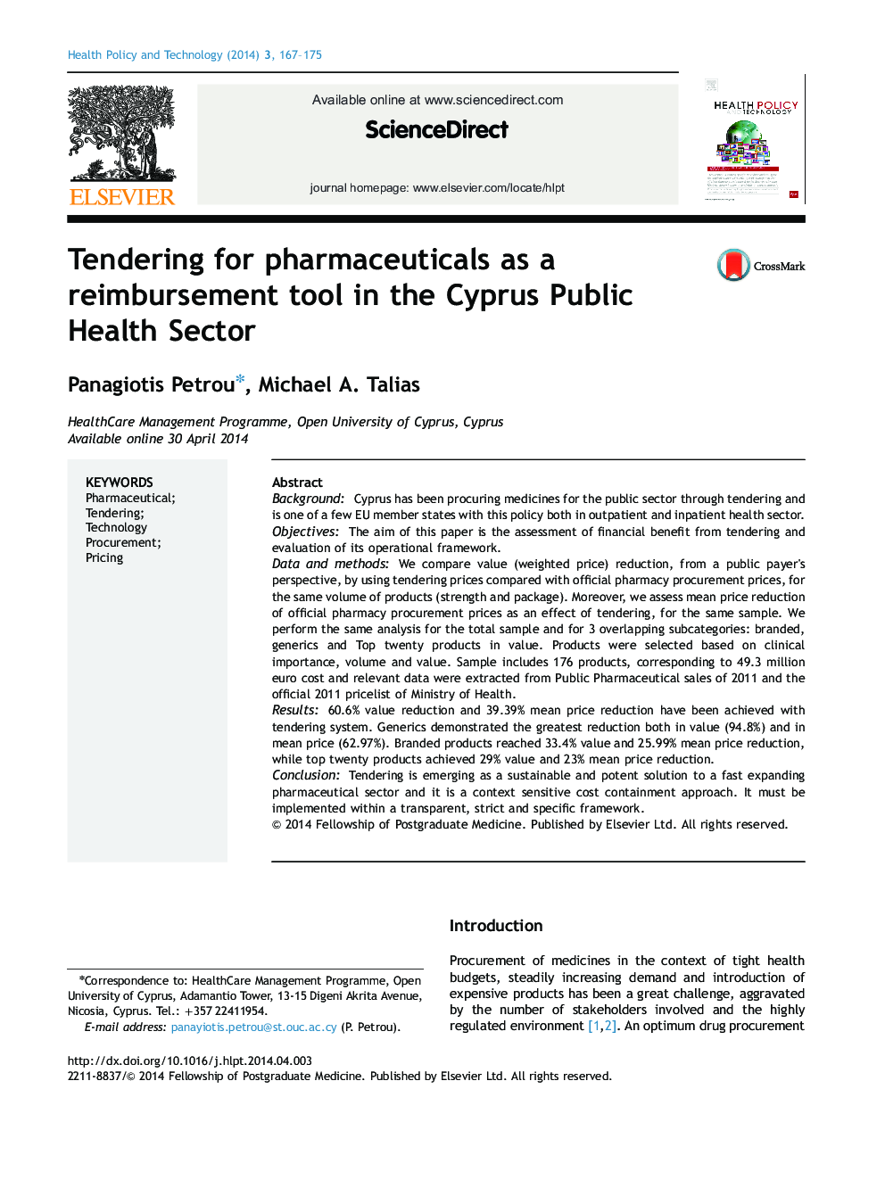 Tendering for pharmaceuticals as a reimbursement tool in the Cyprus Public Health Sector