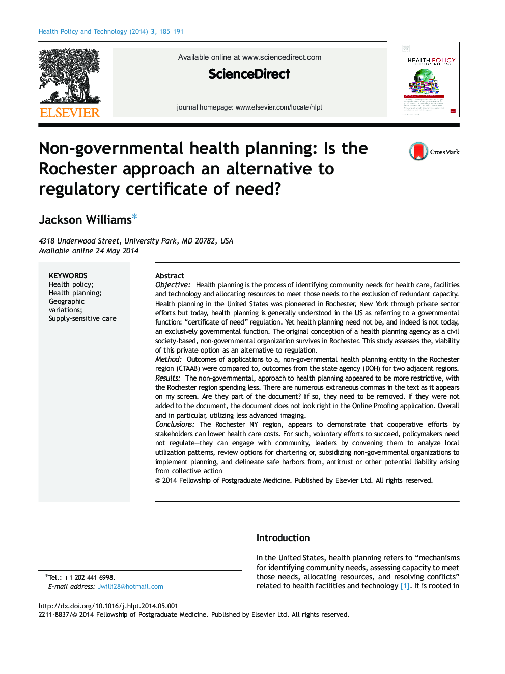 Non-governmental health planning: Is the Rochester approach an alternative to regulatory certificate of need?