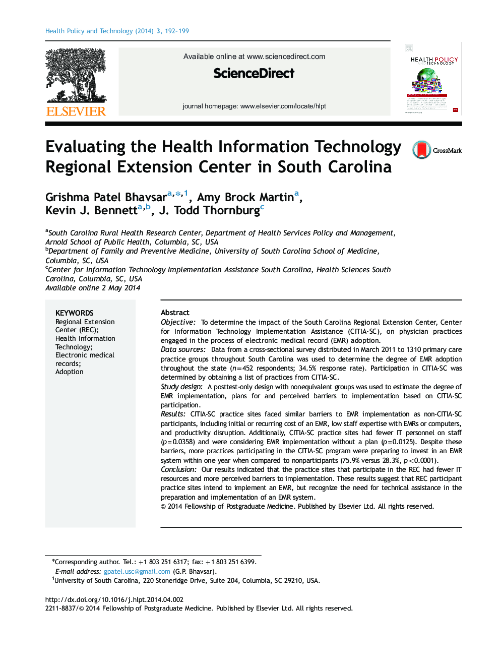 Evaluating the Health Information Technology Regional Extension Center in South Carolina