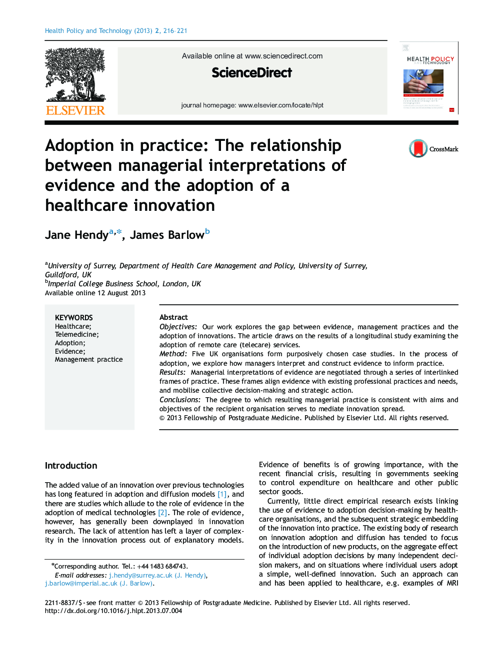 Adoption in practice: The relationship between managerial interpretations of evidence and the adoption of a healthcare innovation