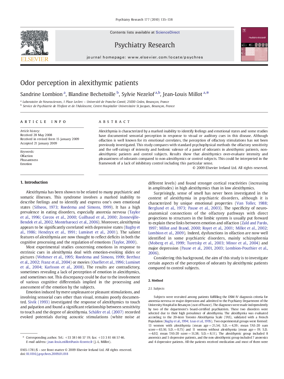 Odor perception in alexithymic patients