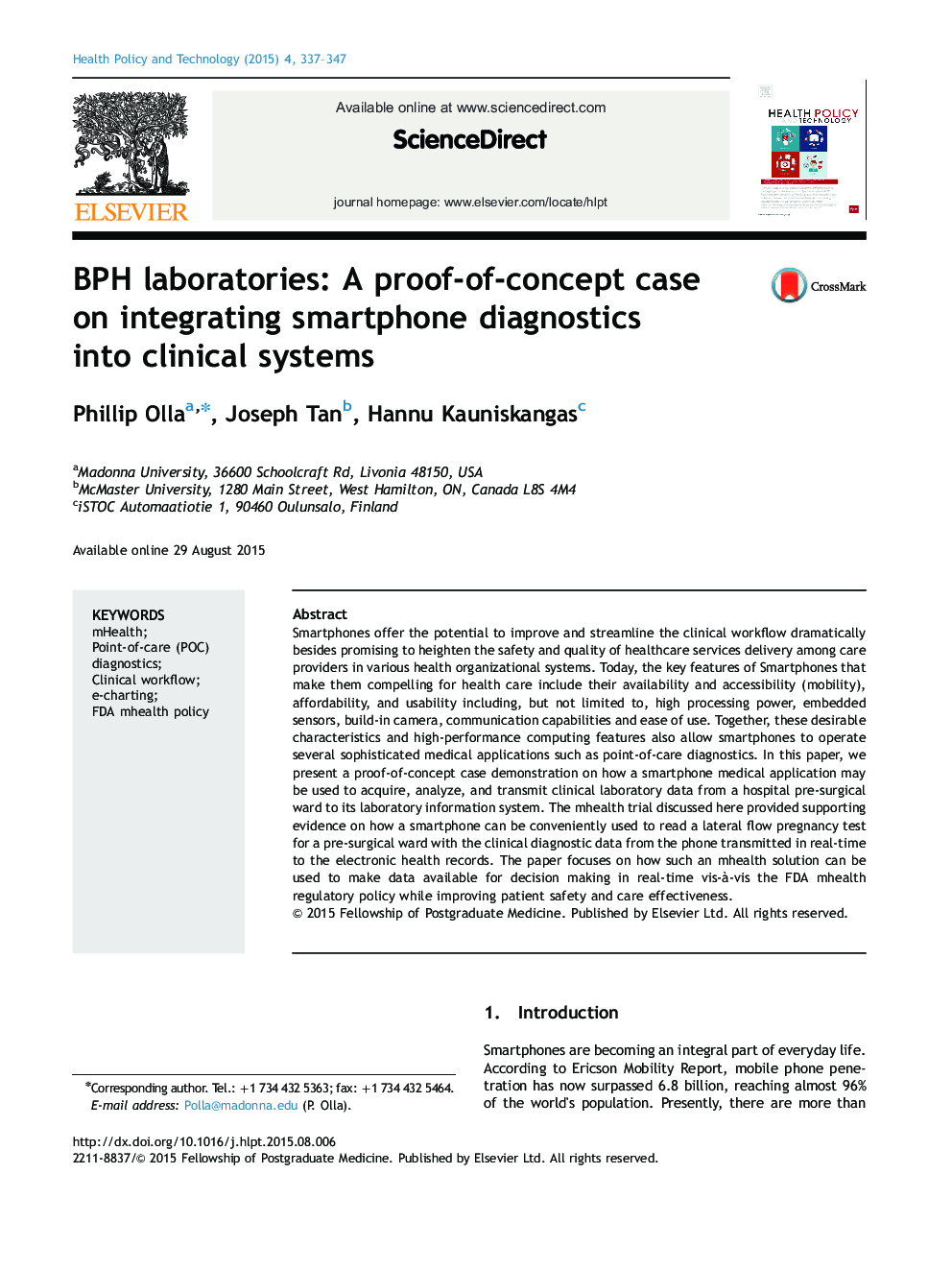 BPH laboratories: A proof-of-concept case on integrating smartphone diagnostics into clinical systems