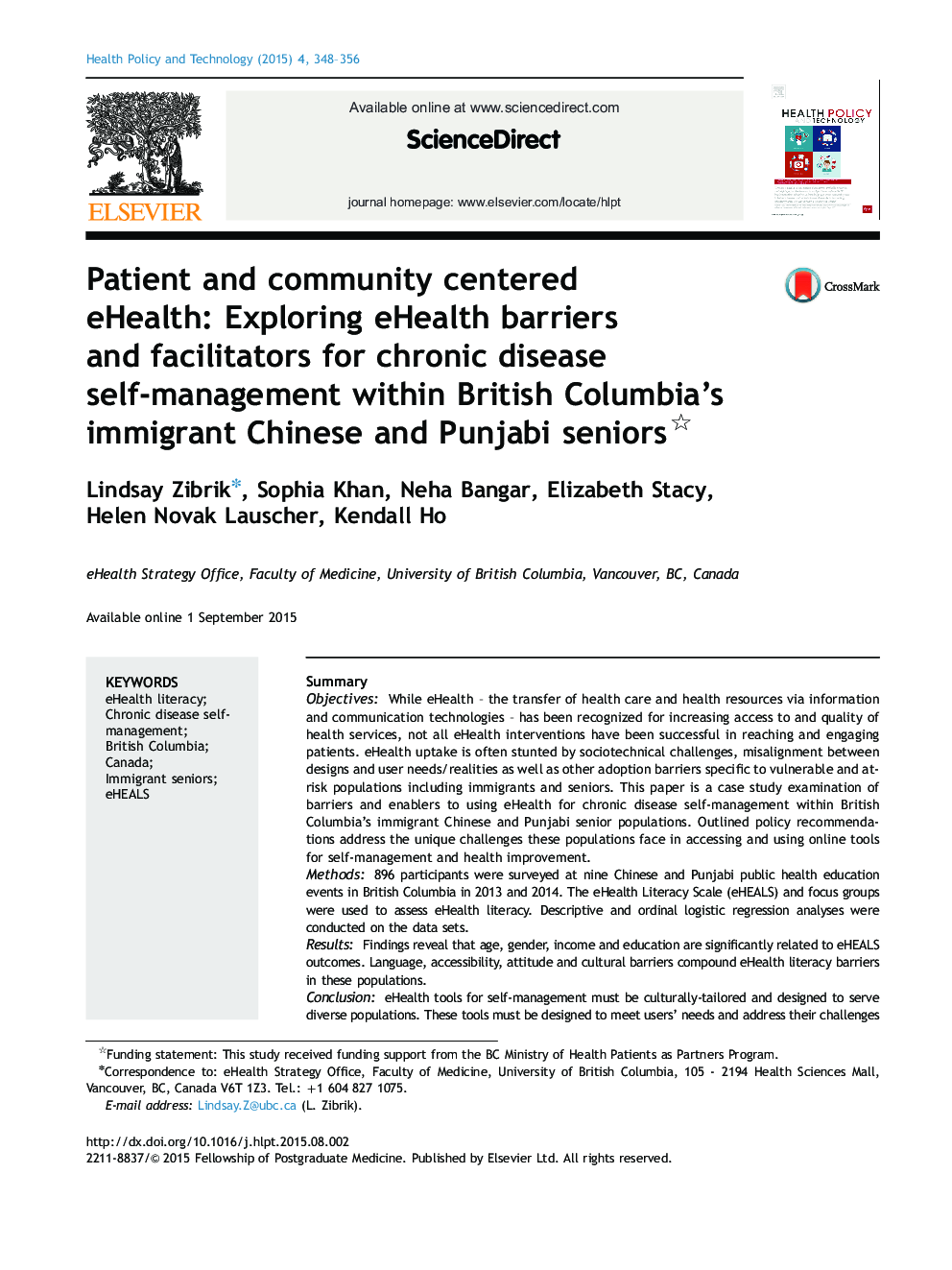 Patient and community centered eHealth: Exploring eHealth barriers and facilitators for chronic disease self-management within British Columbia’s immigrant Chinese and Punjabi seniors 