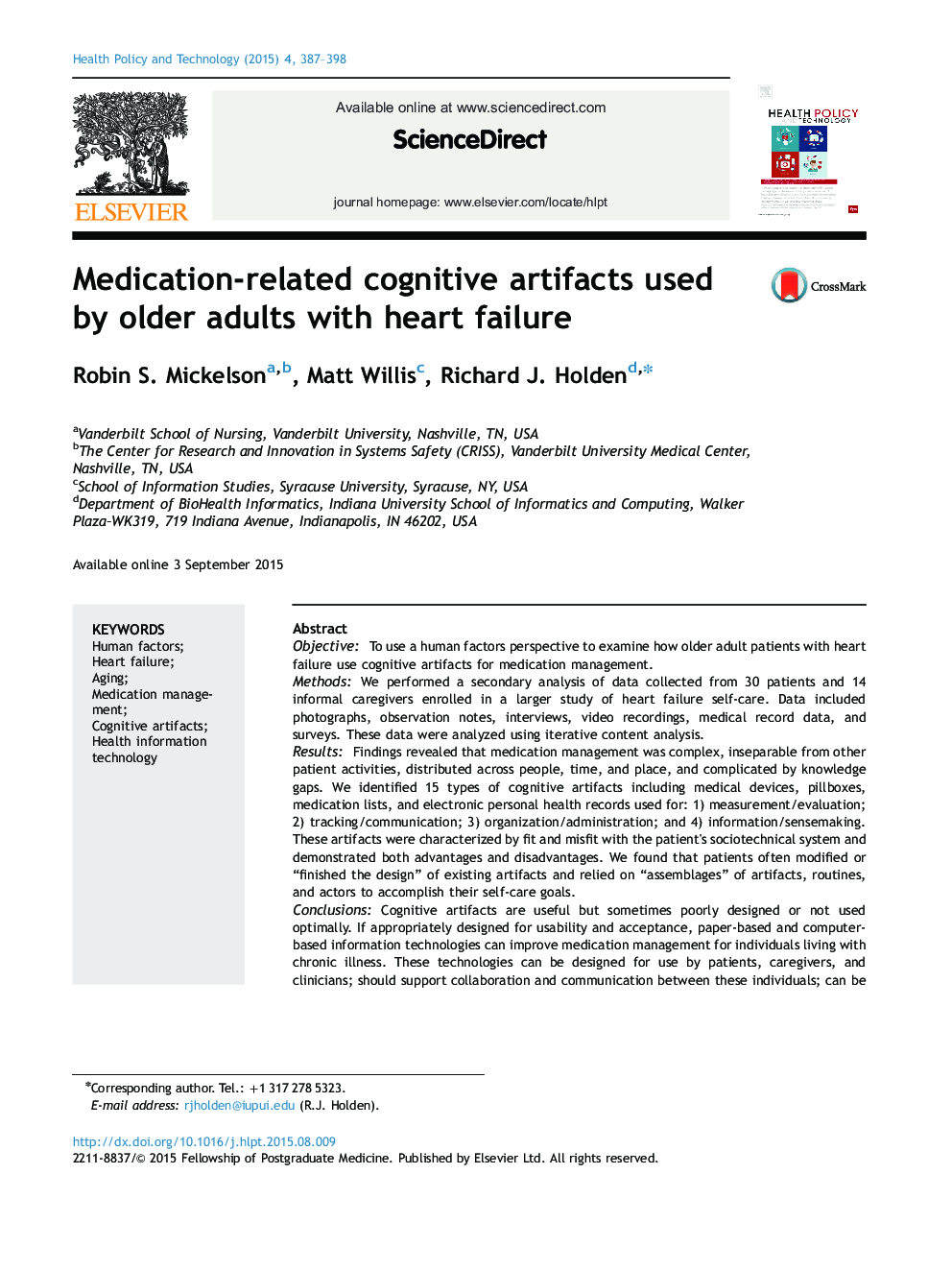 Medication-related cognitive artifacts used by older adults with heart failure