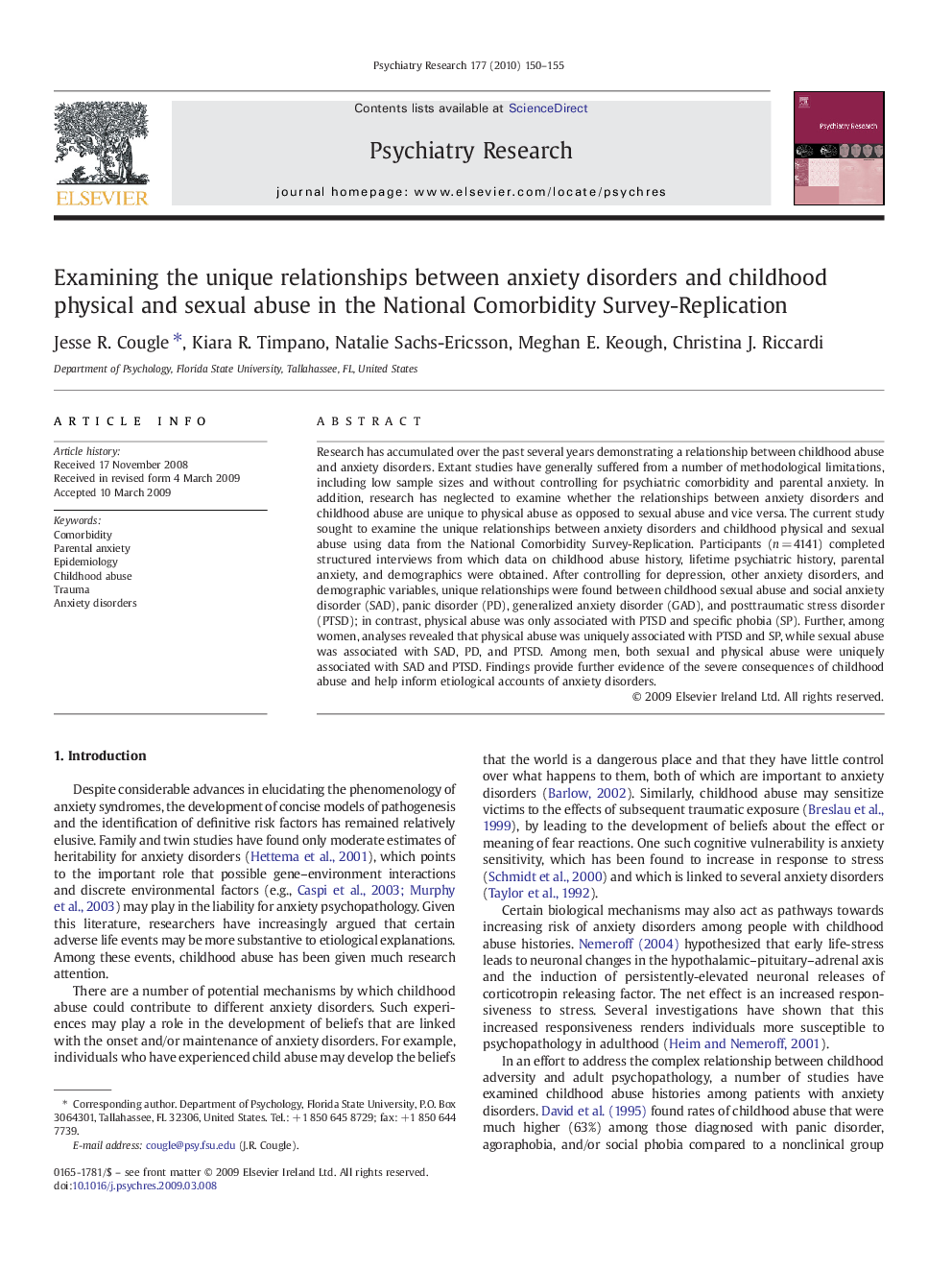 Examining the unique relationships between anxiety disorders and childhood physical and sexual abuse in the National Comorbidity Survey-Replication