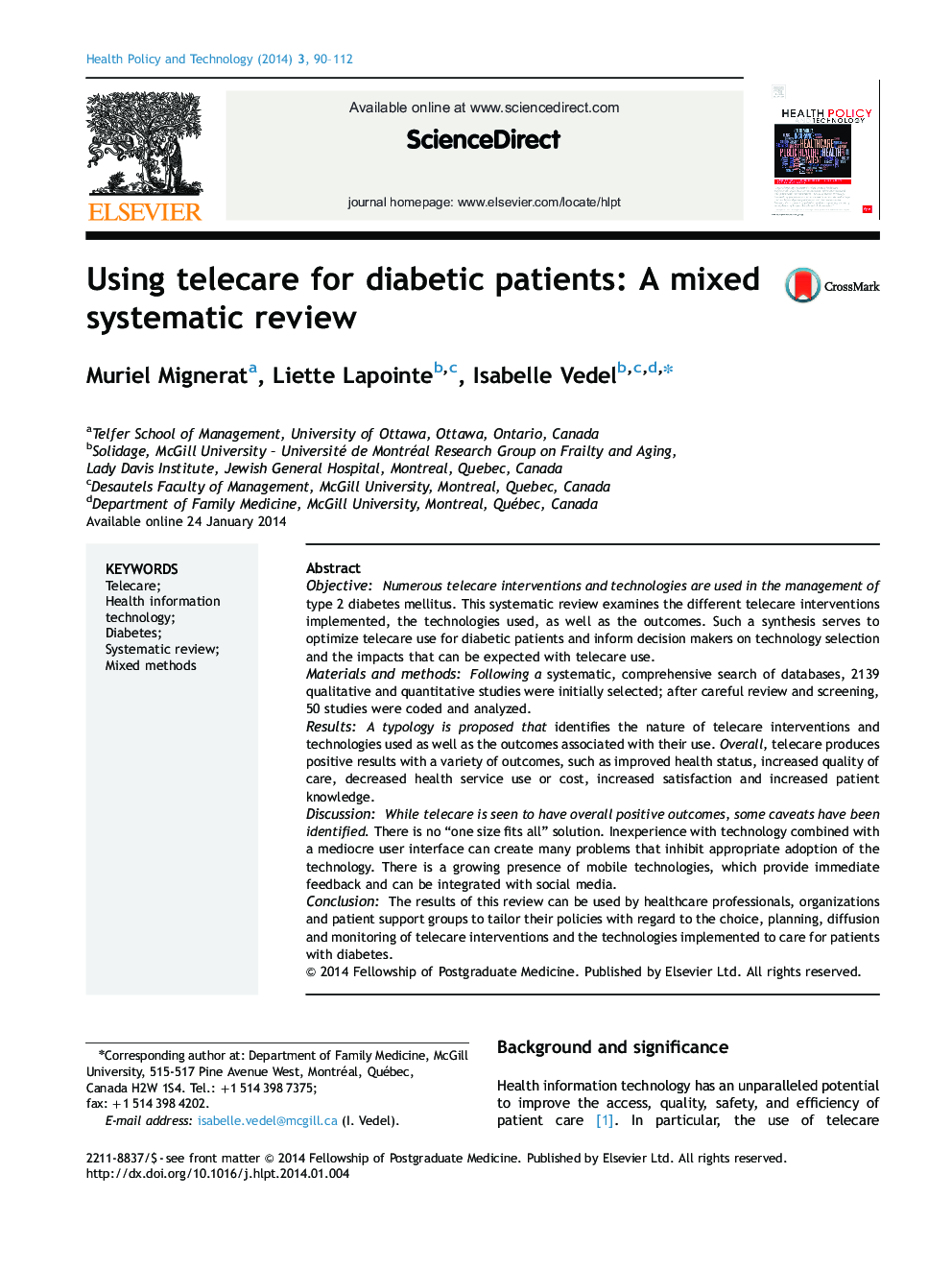 Using telecare for diabetic patients: A mixed systematic review