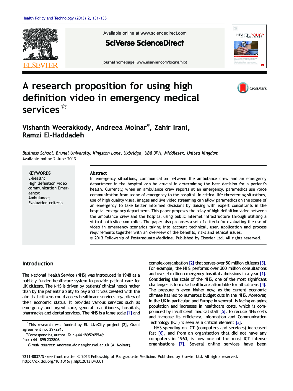 A research proposition for using high definition video in emergency medical services 