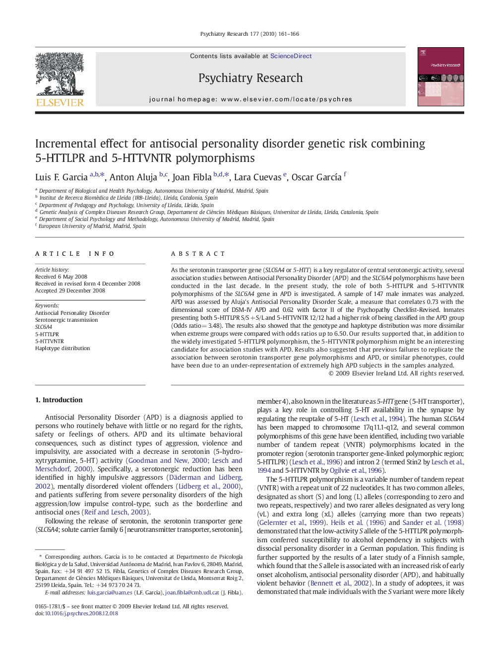 Incremental effect for antisocial personality disorder genetic risk combining 5-HTTLPR and 5-HTTVNTR polymorphisms