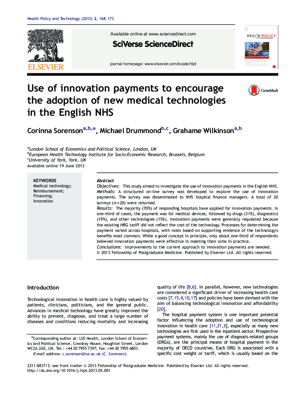 Use of innovation payments to encourage the adoption of new medical technologies in the English NHS