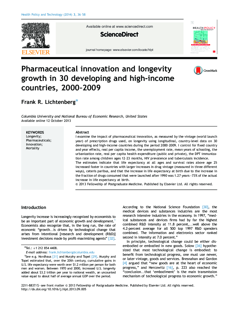 Pharmaceutical innovation and longevity growth in 30 developing and high-income countries, 2000–2009