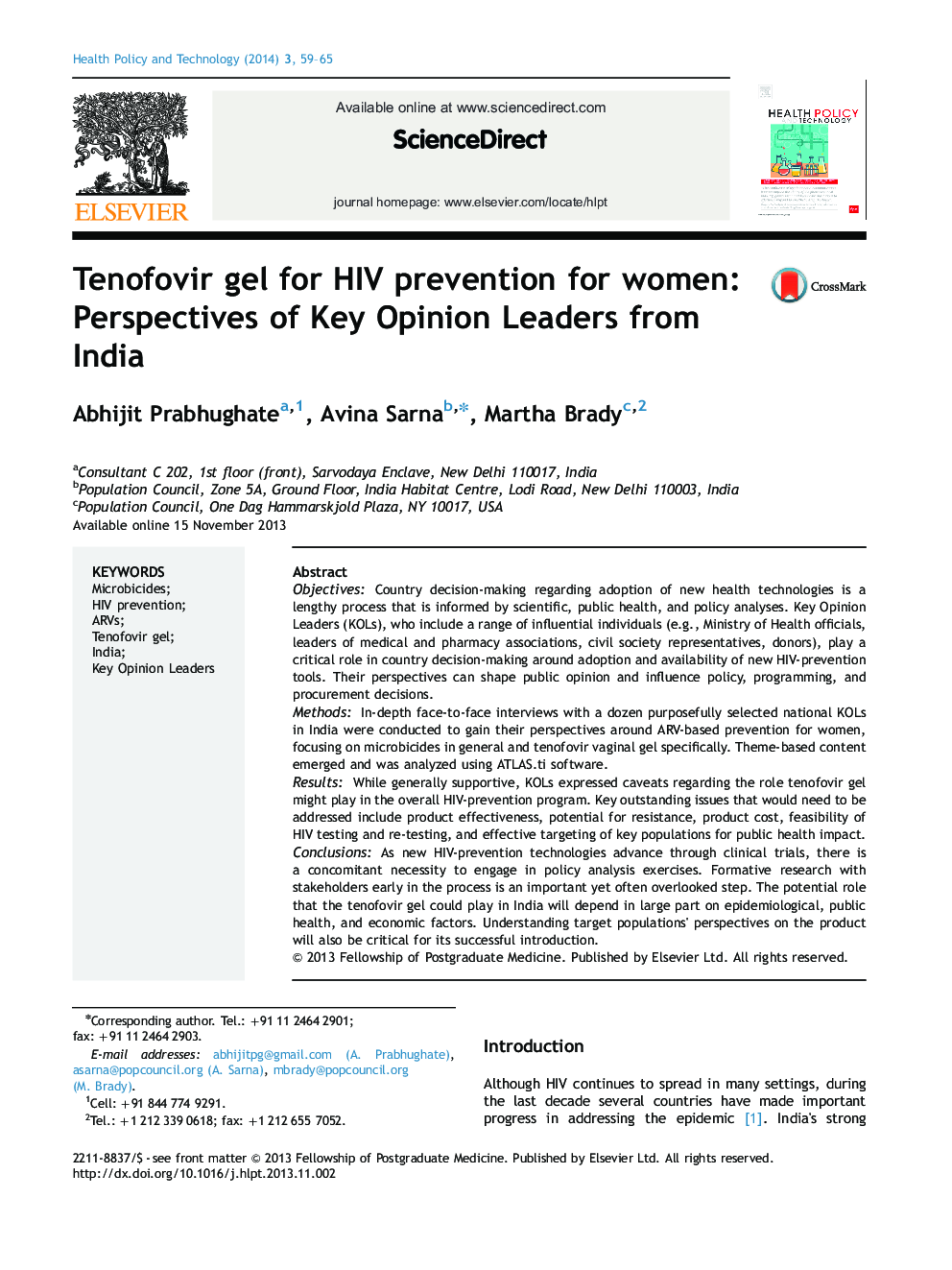 Tenofovir gel for HIV prevention for women: Perspectives of Key Opinion Leaders from India