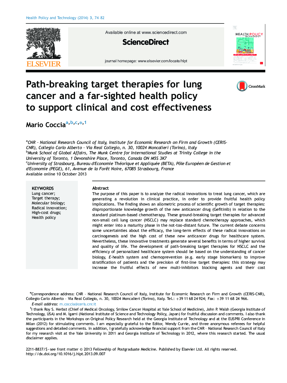 Path-breaking target therapies for lung cancer and a far-sighted health policy to support clinical and cost effectiveness