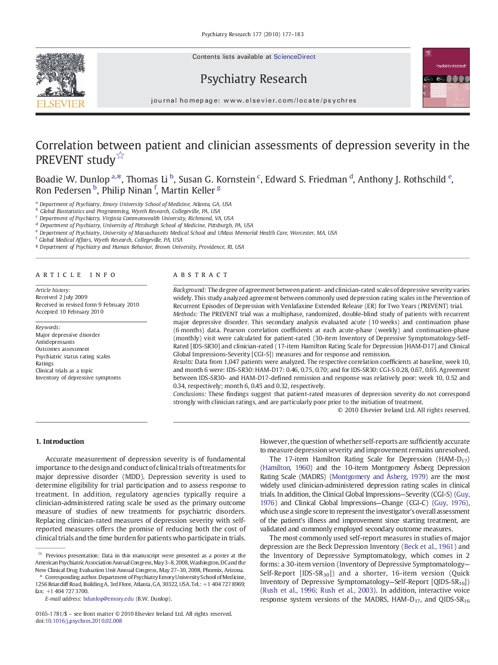 Correlation between patient and clinician assessments of depression severity in the PREVENT study 