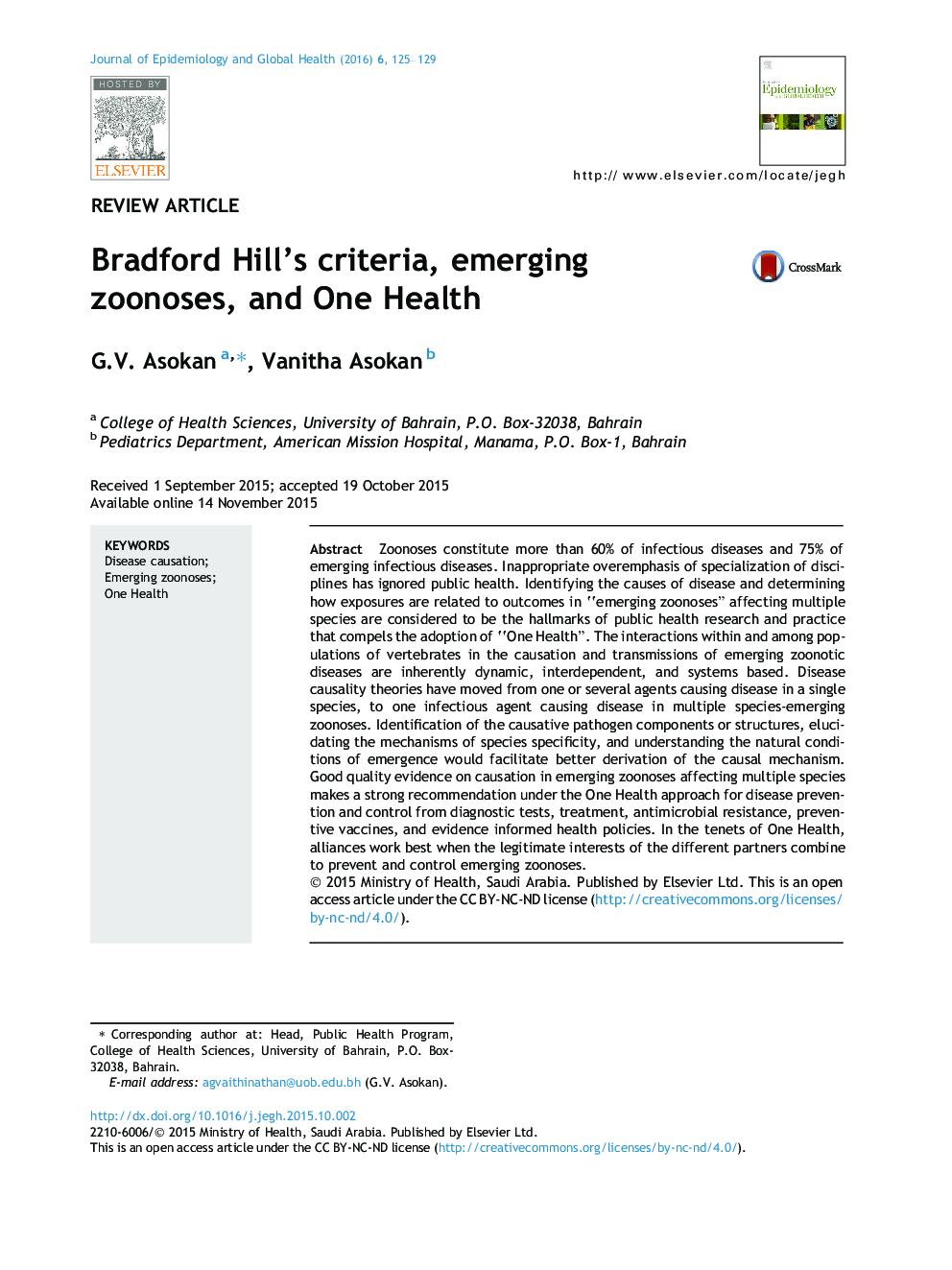 Bradford Hill’s criteria, emerging zoonoses, and One Health