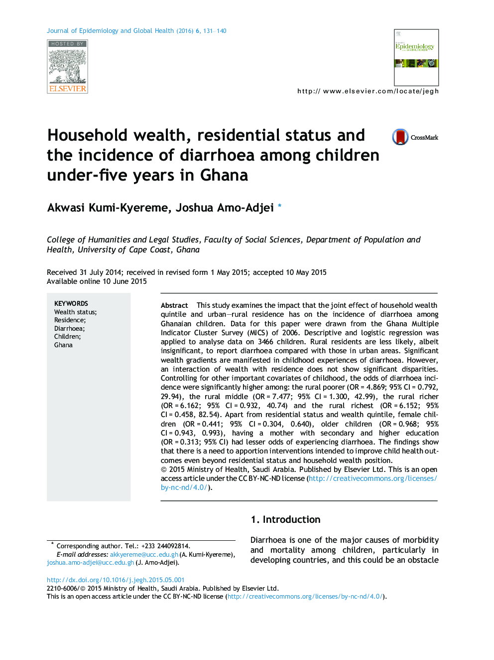 Household wealth, residential status and the incidence of diarrhoea among children under-five years in Ghana