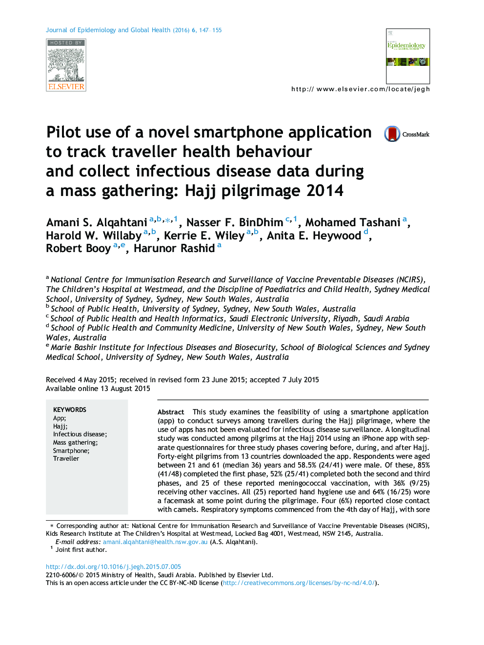 Pilot use of a novel smartphone application to track traveller health behaviour and collect infectious disease data during a mass gathering: Hajj pilgrimage 2014