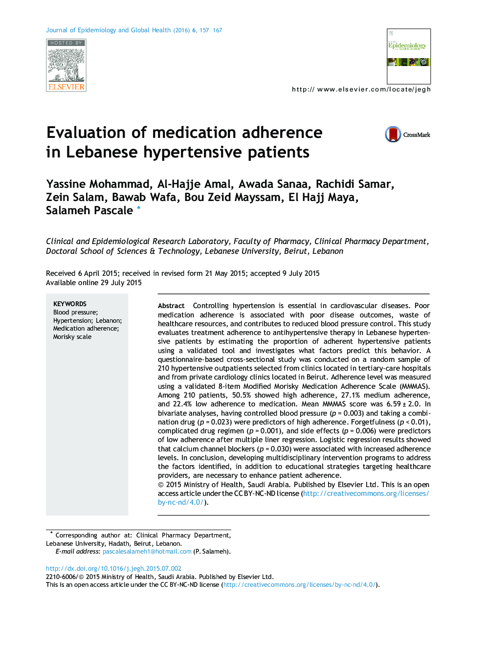 Evaluation of medication adherence in Lebanese hypertensive patients