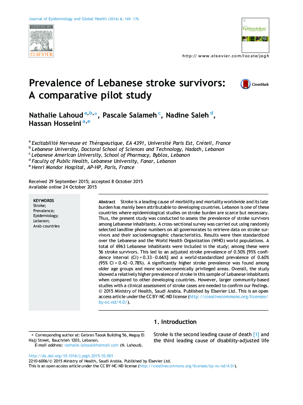 Prevalence of Lebanese stroke survivors: A comparative pilot study
