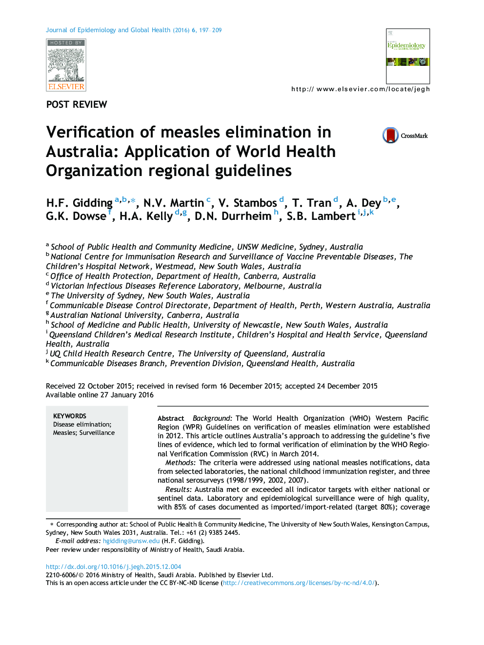 Verification of measles elimination in Australia: Application of World Health Organization regional guidelines 